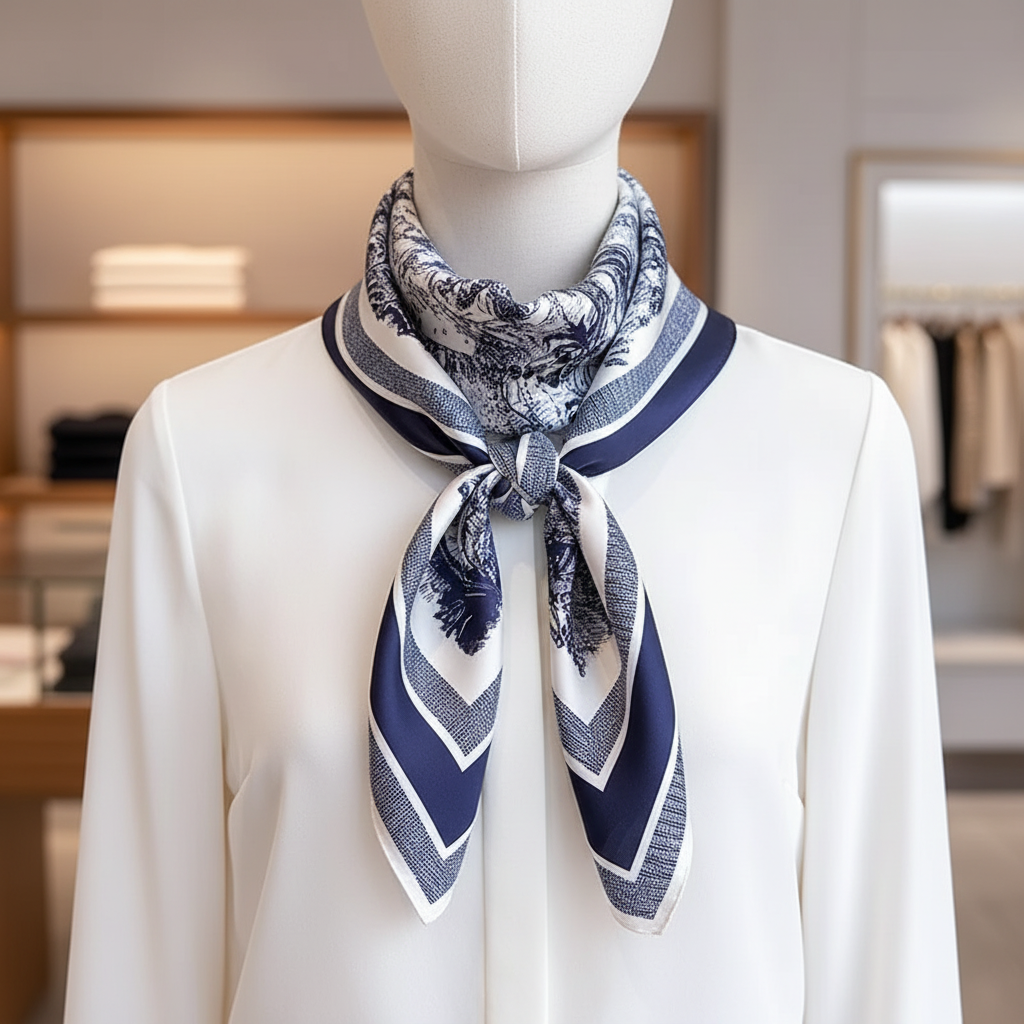 Square scarves with botanical print and silk-like finish