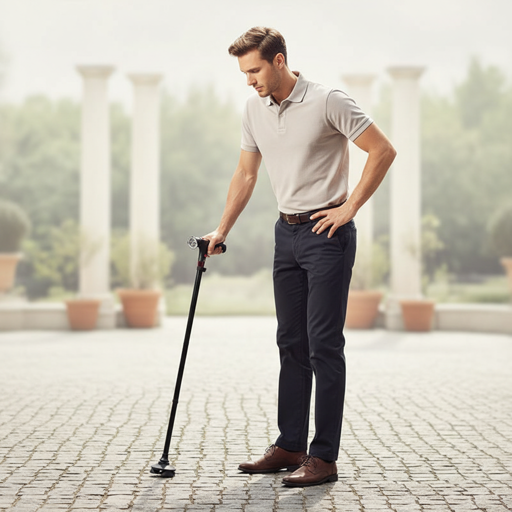 Foldable quad cane with cushioned T handle and pivoting base for stable walking