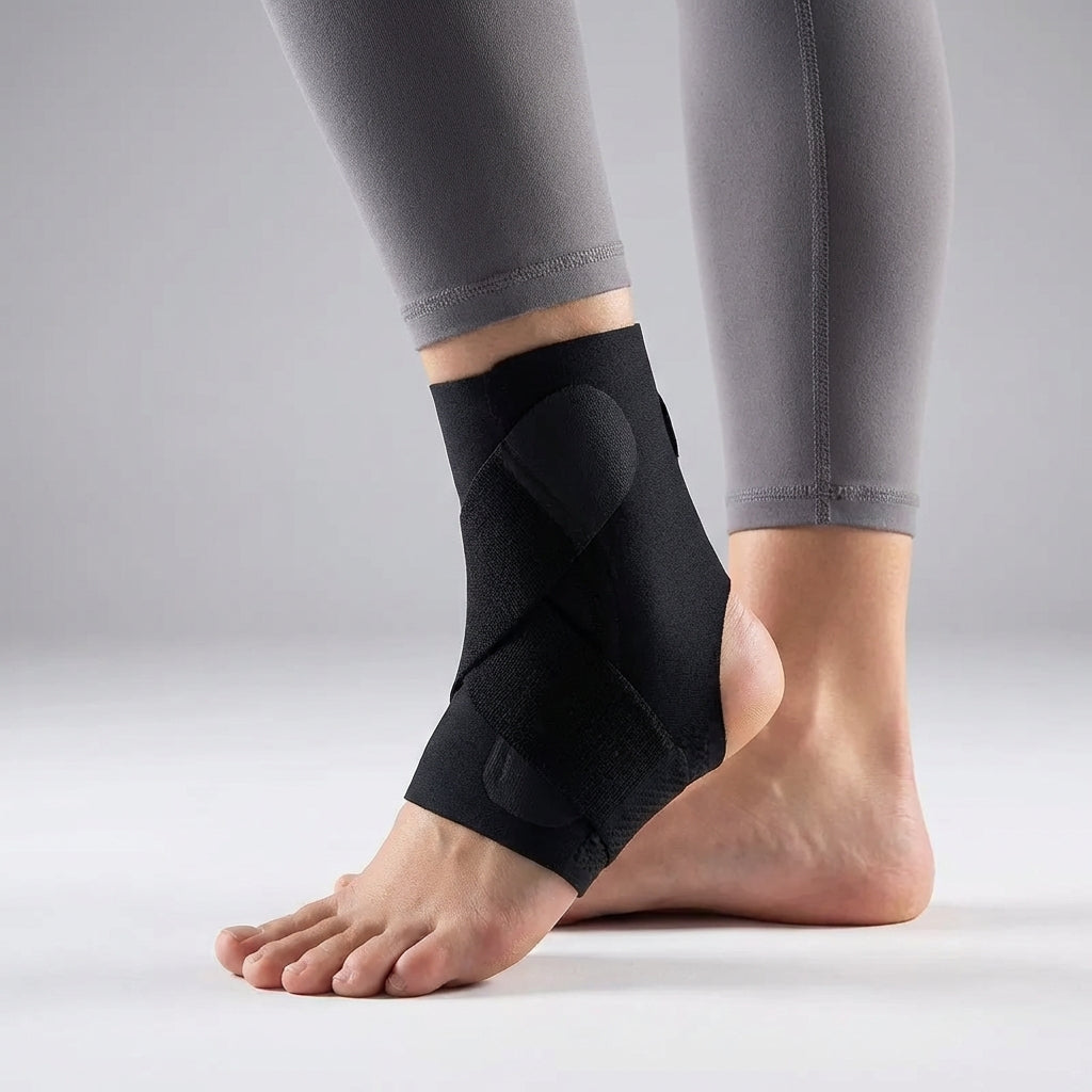Adjustable ankle support sleeve with breathable construction and stabilizing straps