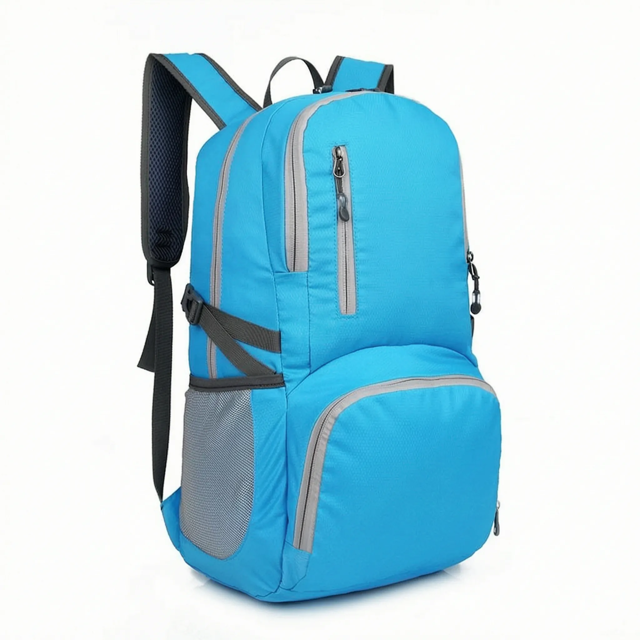 Foldable travel rucksack with water-repellent finish and padded straps