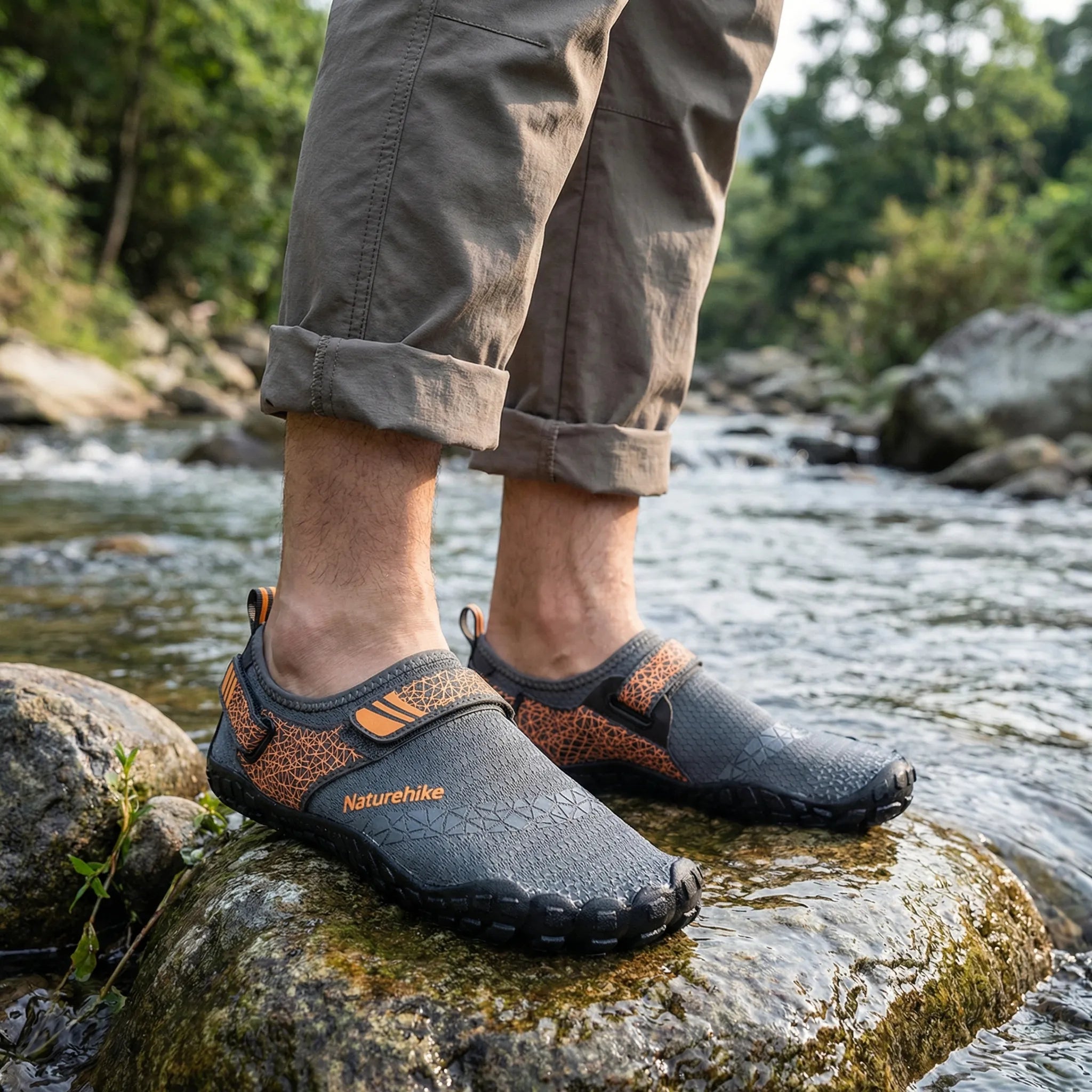 Quick-drying water shoes with non-slip sole, breathable mesh upper, and adjustable hook-and-loop strap