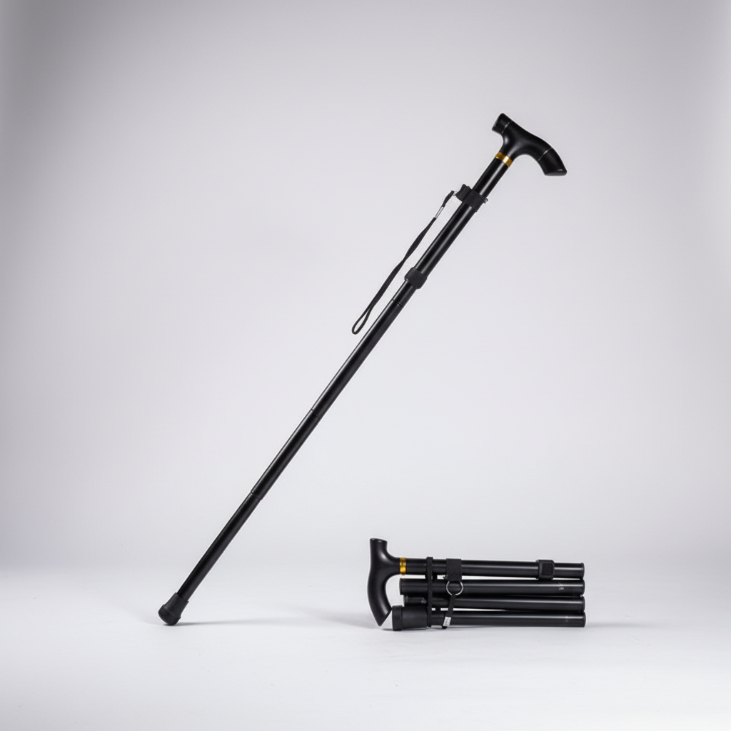 Lightweight folding walking cane with telescopic adjustment and ergonomic rubber handle
