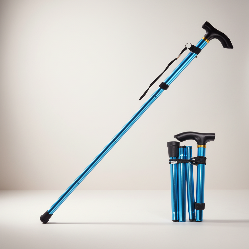 Lightweight folding walking cane with telescopic adjustment and ergonomic rubber handle