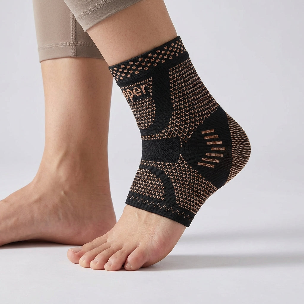 Compression ankle support sleeve with targeted reinforcement and breathable knitted construction