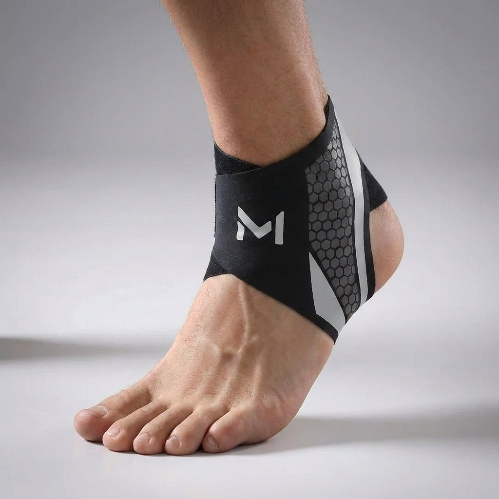 Adjustable ankle support with targeted compression and breathable construction