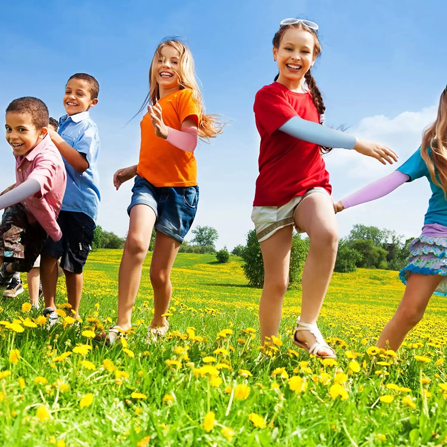 Kids cooling arm sleeves with sun protection and breathable nylon construction