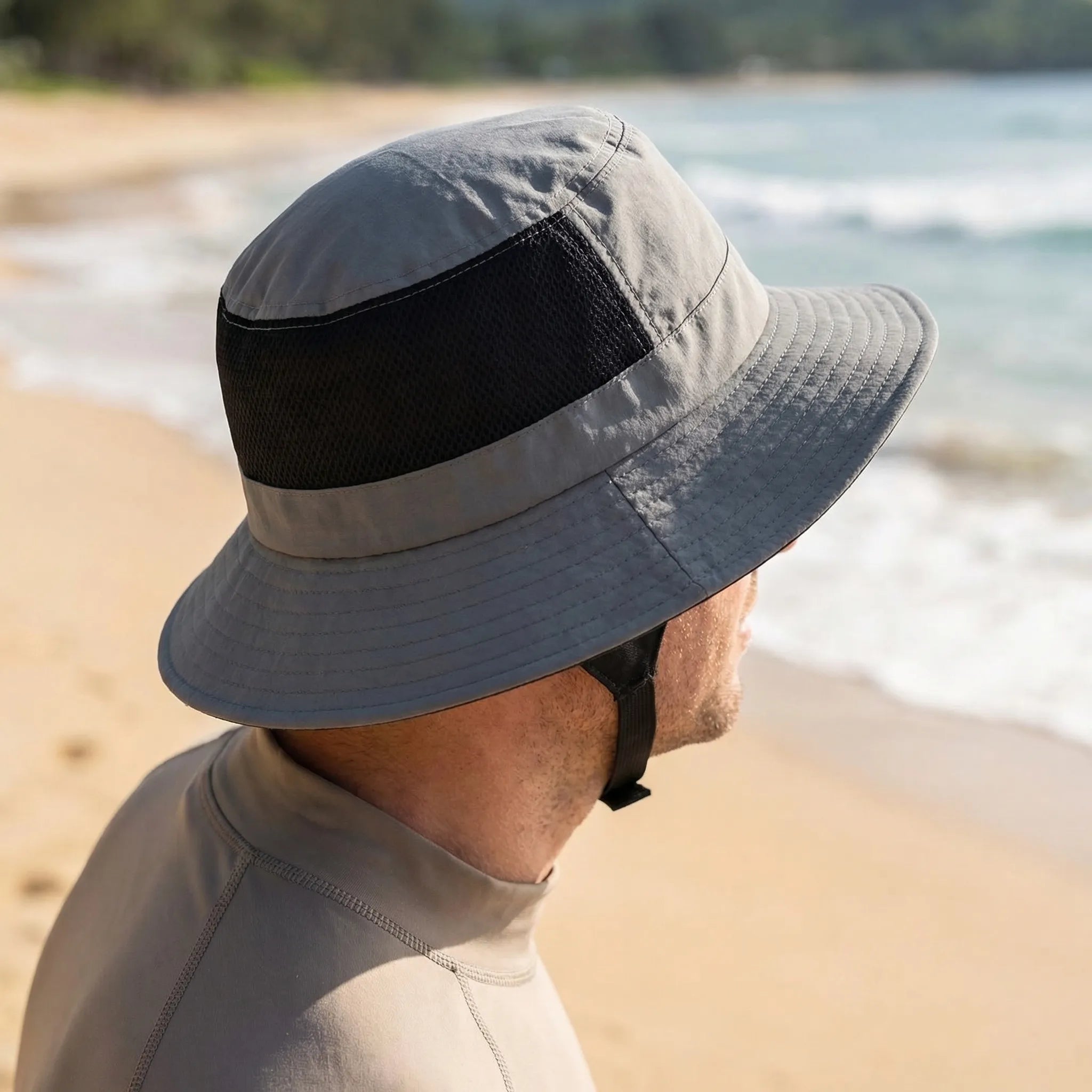 Mesh fishing hat with UPF50+ sun protection and adjustable chin strap