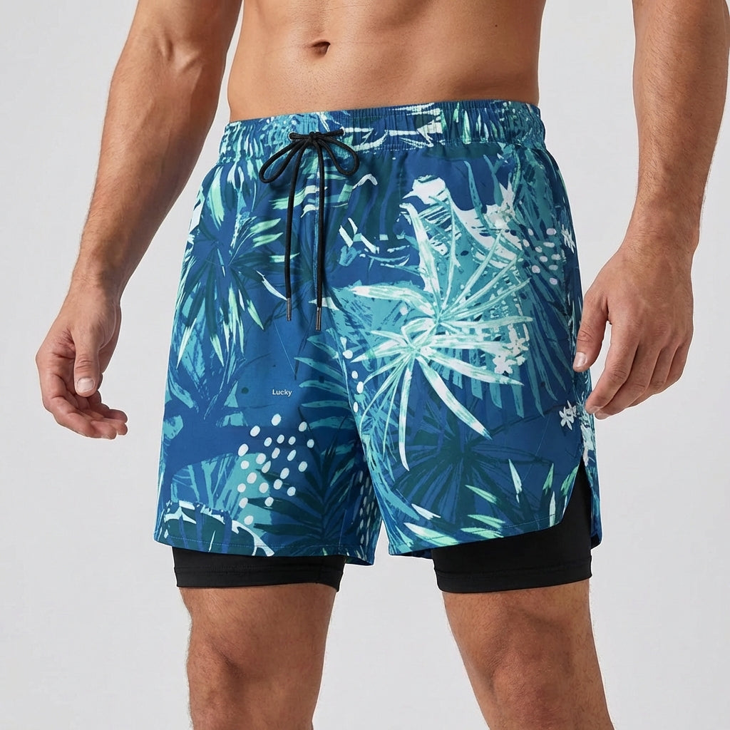 Swim shorts double layer quick-drying side slits adjustable fit