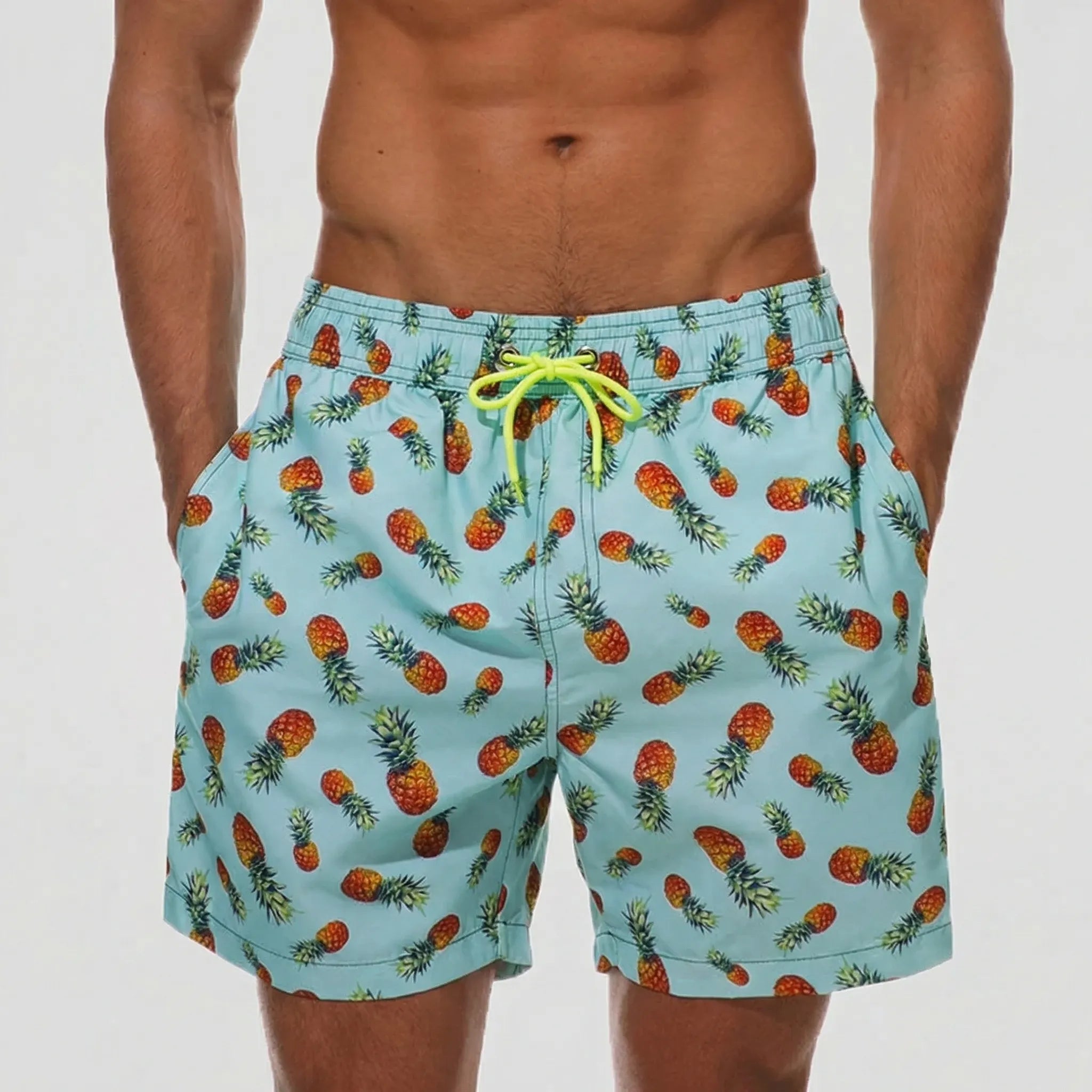 Men's short swim trunks with anchor print and adjustable drawstring