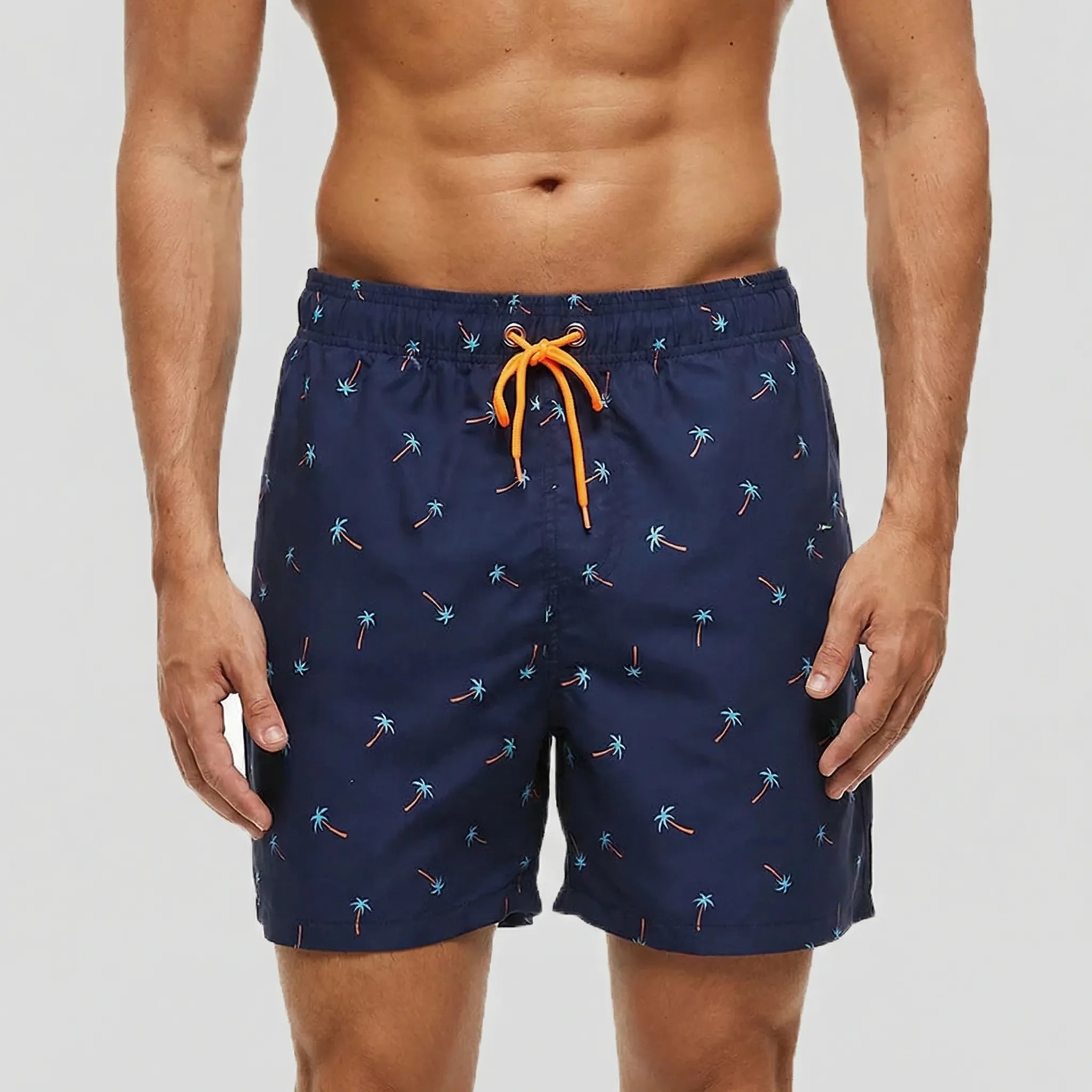 Men's short swim trunks with anchor print and adjustable drawstring