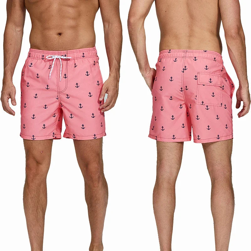 Men's short swim trunks with anchor print and adjustable drawstring