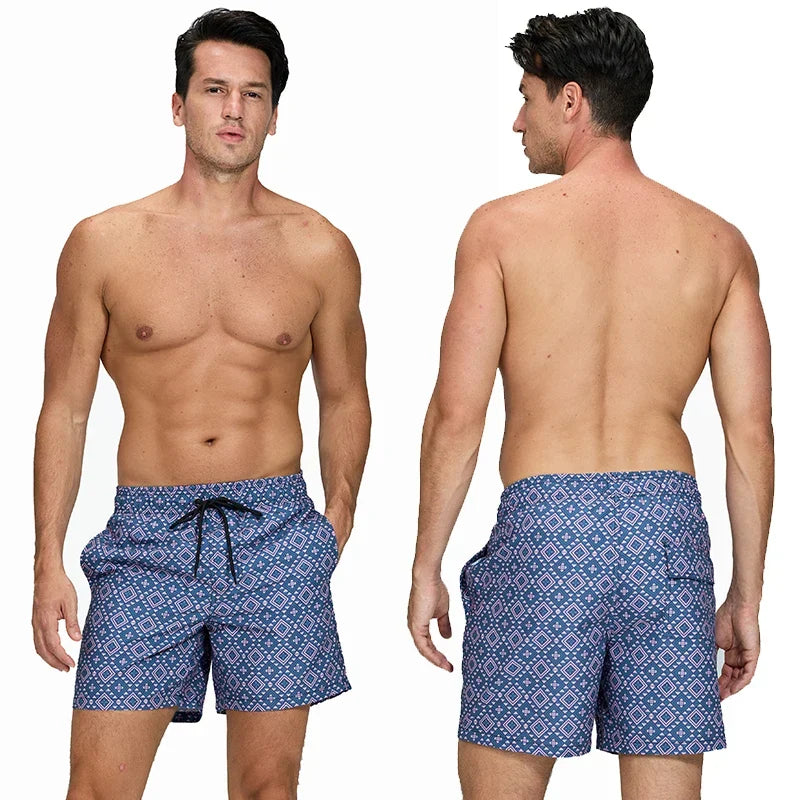 Men's short swim trunks with anchor print and adjustable drawstring
