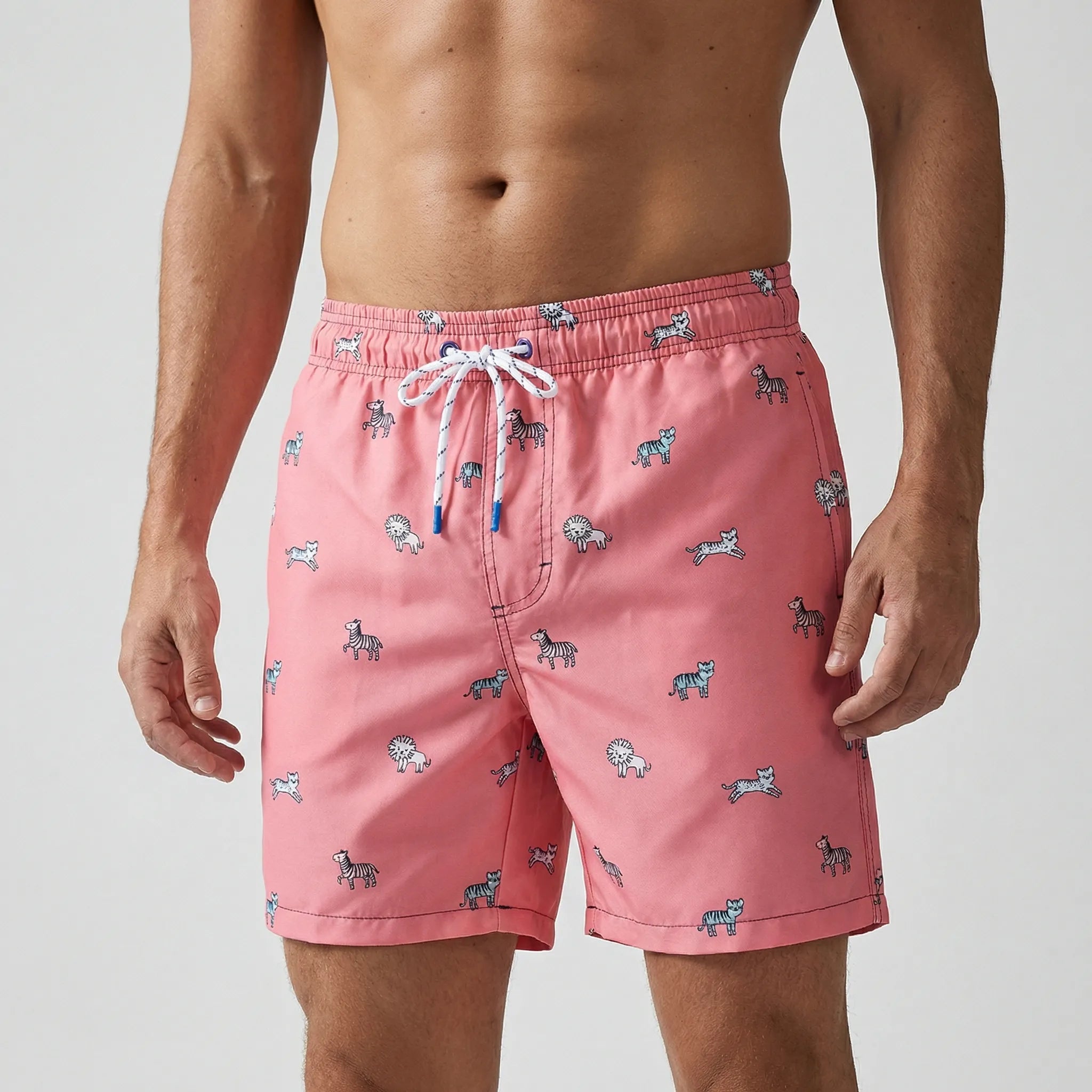 Men's short swim trunks with anchor print and adjustable drawstring