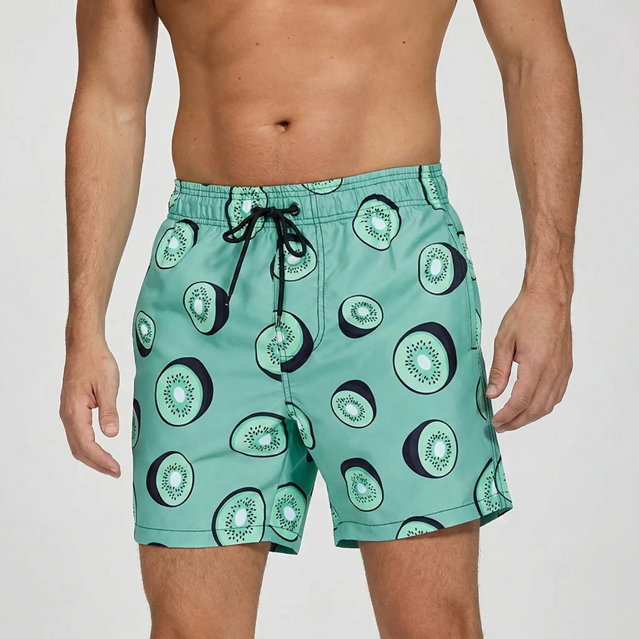 Men's short swim trunks with anchor print and adjustable drawstring