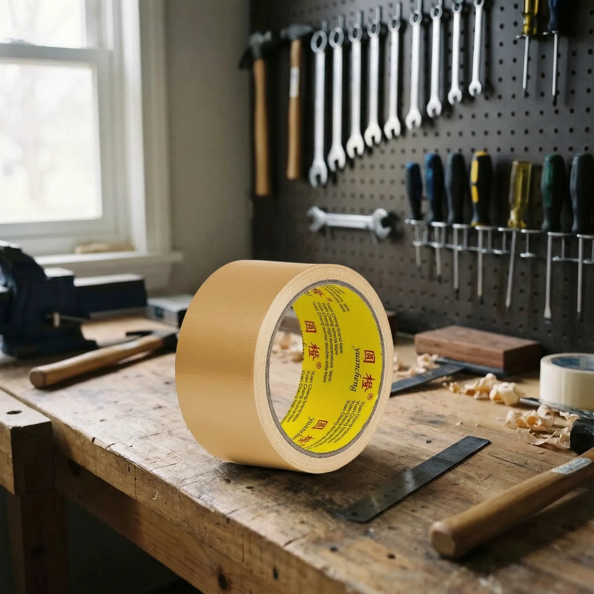 Heavy-duty cloth tape with fabric-reinforced backing and water-resistant surface