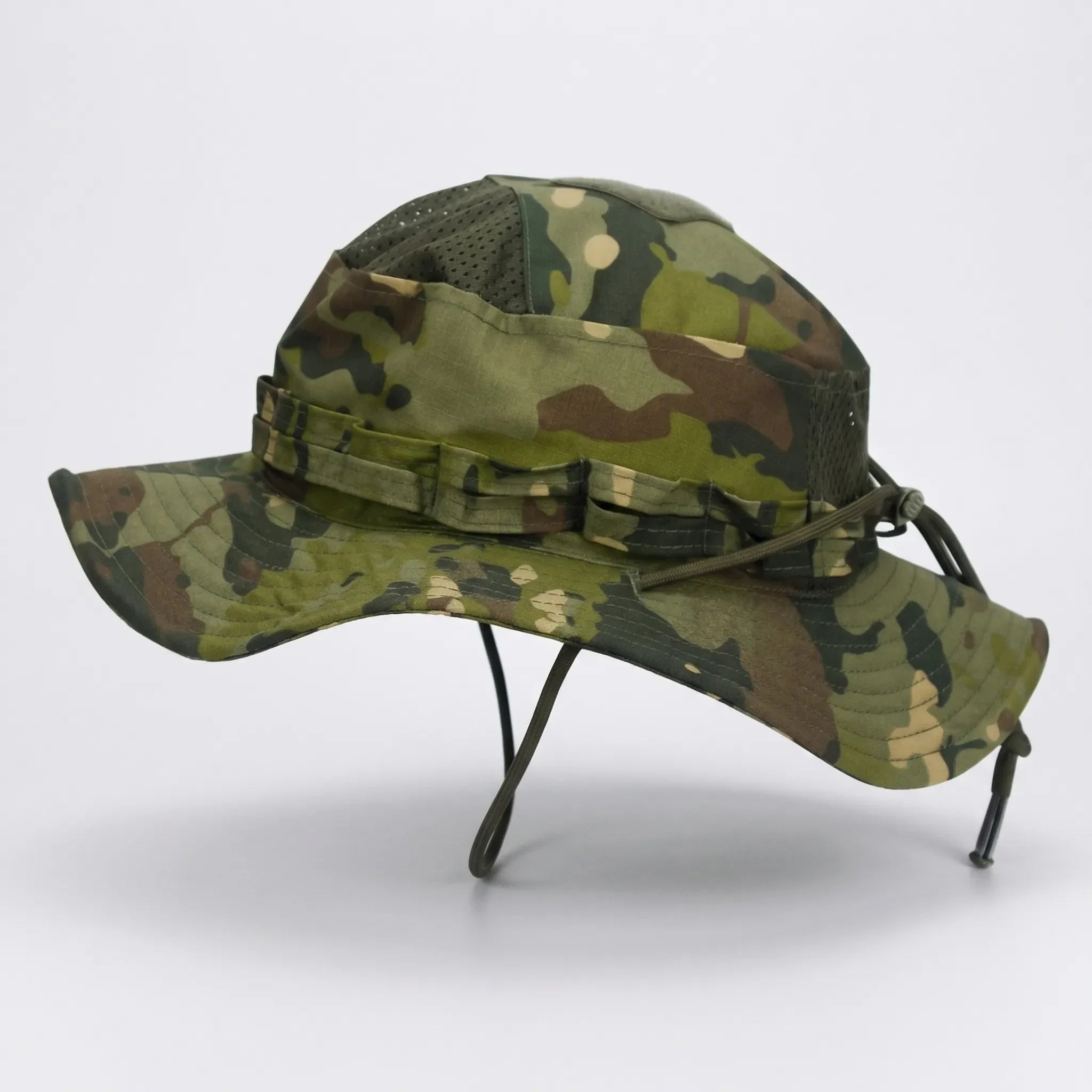 Wide-brim tactical boonie hat with mesh ventilation and adjustable chin cord