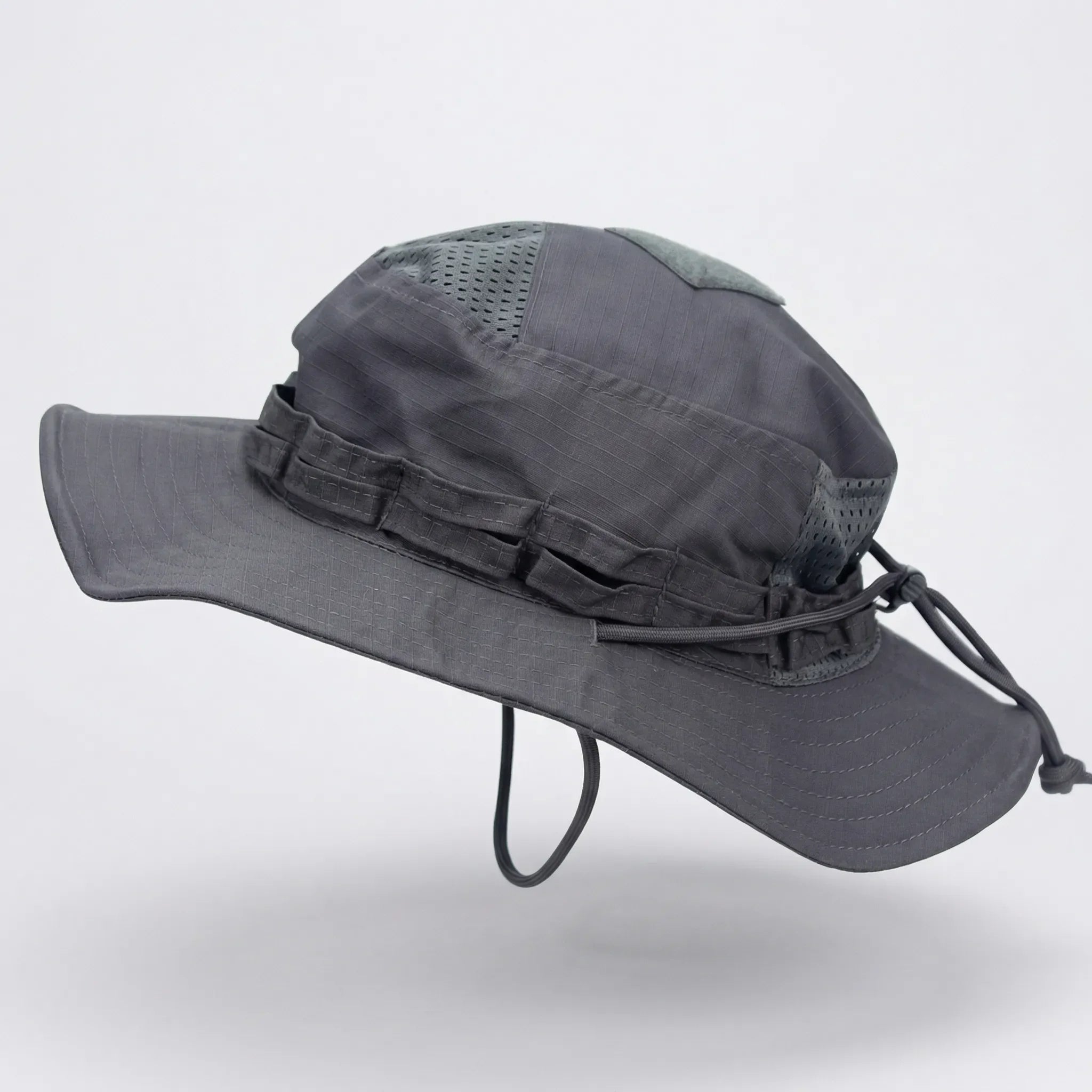 Wide-brim tactical boonie hat with mesh ventilation and adjustable chin cord