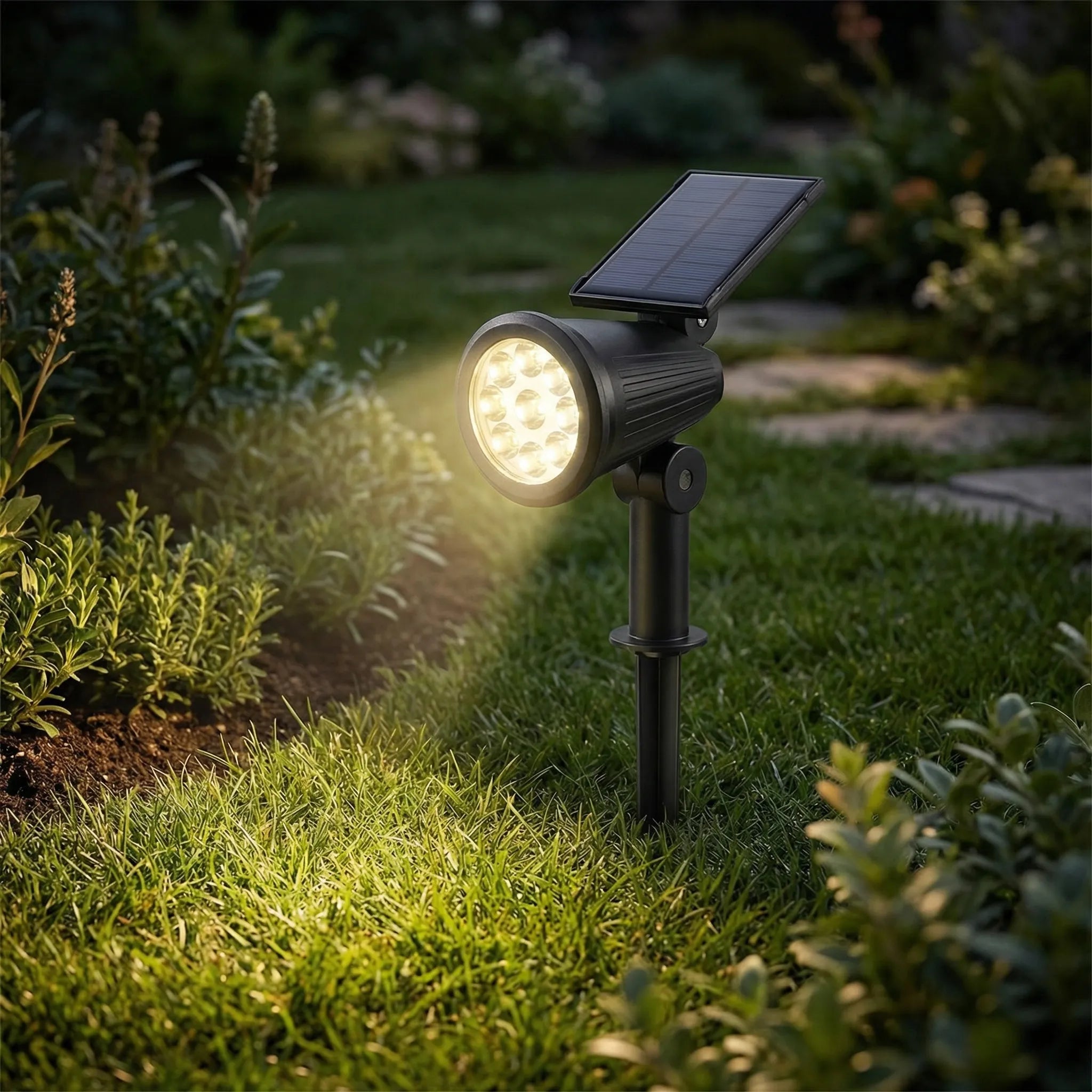 Solar-powered garden spotlight with adjustable LED beam and ground spike