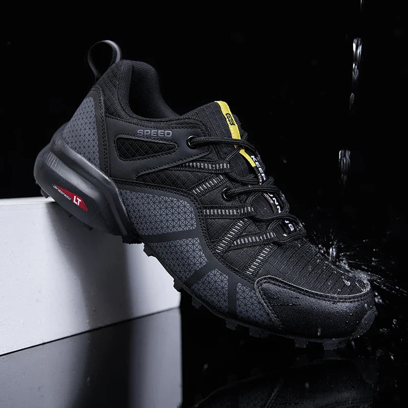 Men's outdoor sneaker with multi-terrain lugged sole and reinforced toe cap