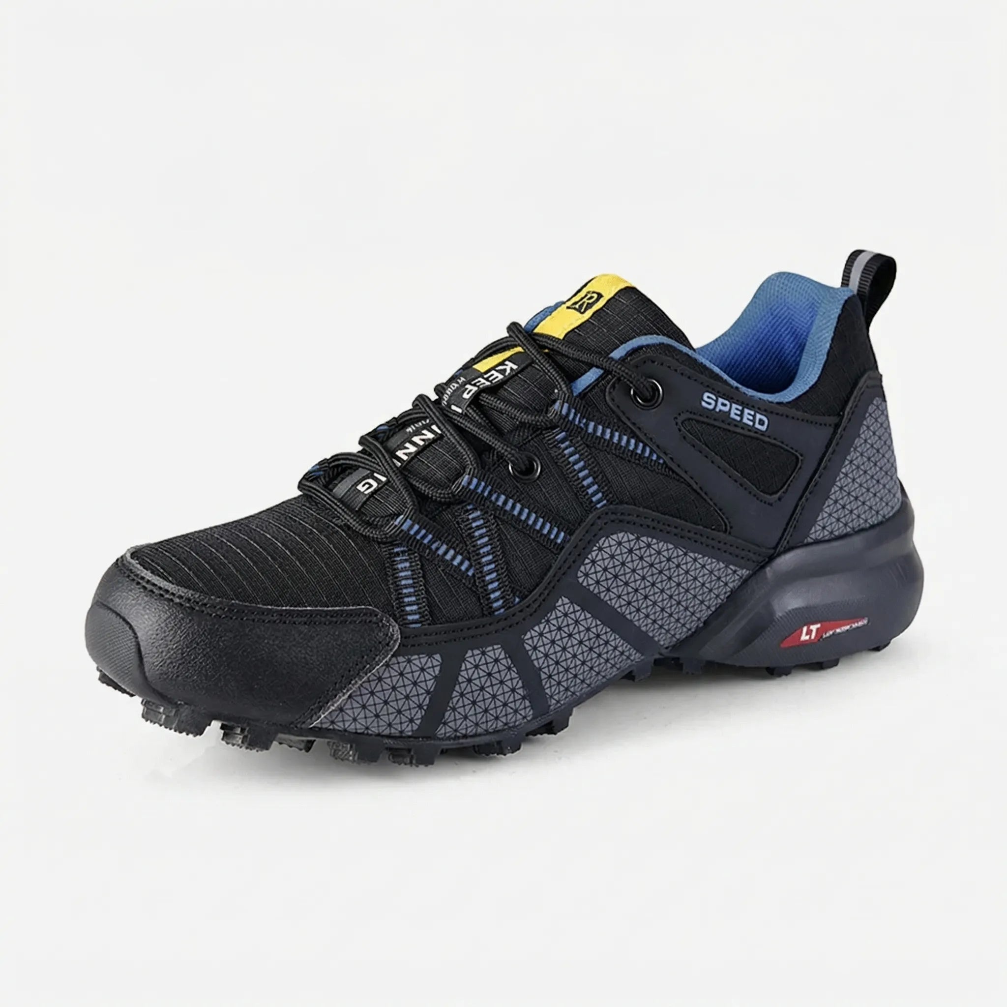 Men's outdoor sneaker with multi-terrain lugged sole and reinforced toe cap
