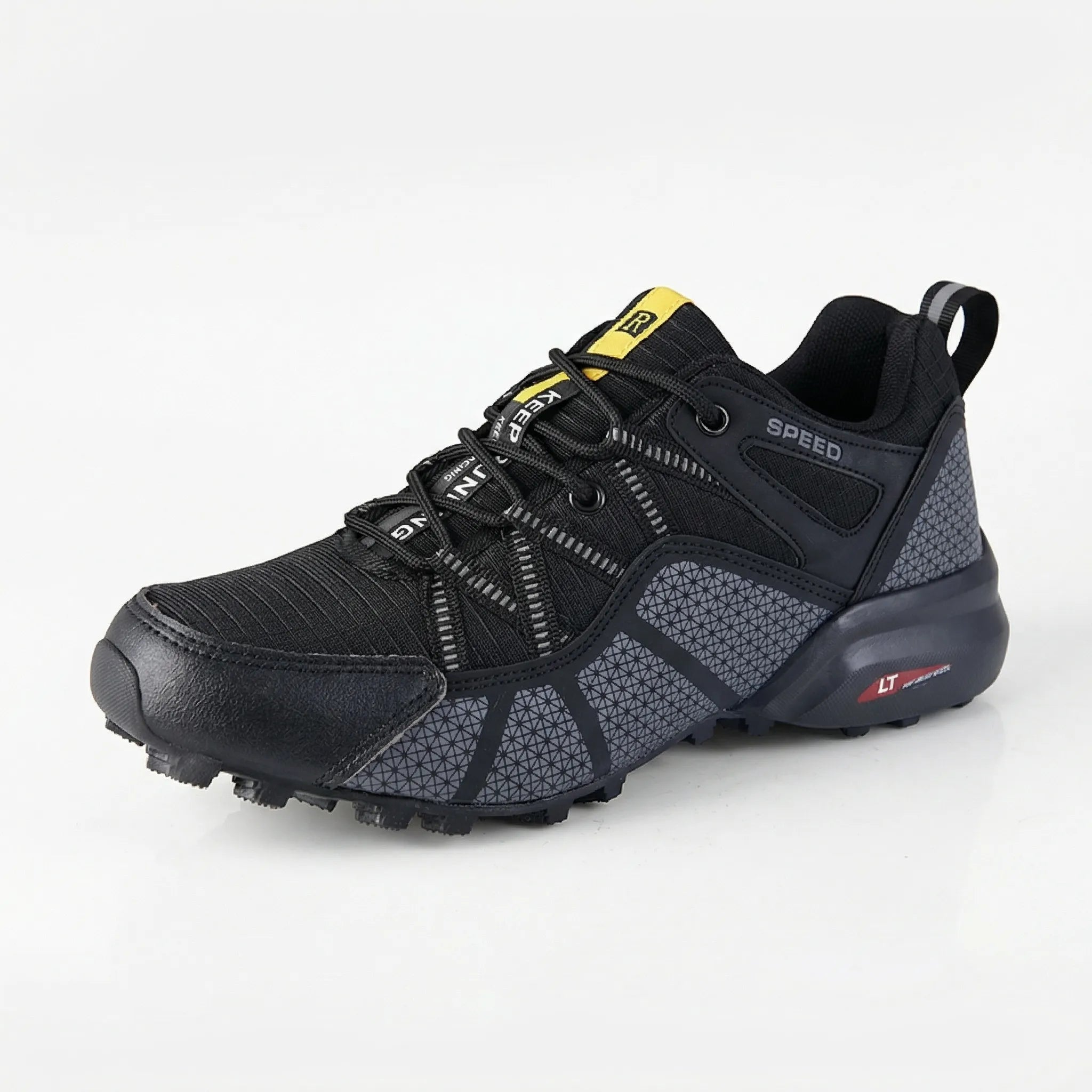 Men's outdoor sneaker with multi-terrain lugged sole and reinforced toe cap