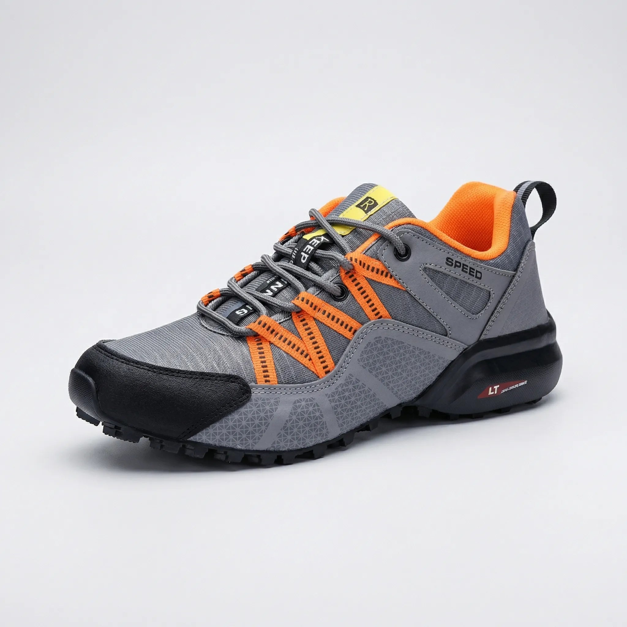 Men's outdoor sneaker with multi-terrain lugged sole and reinforced toe cap