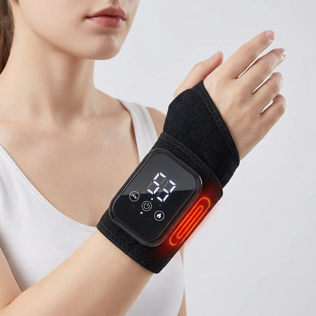 Rechargeable heated wrist brace with vibration massage therapy