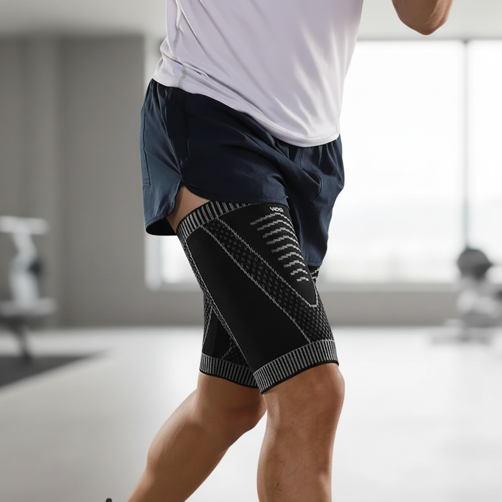 Breathable thigh compression sleeve with non-slip design for sports support