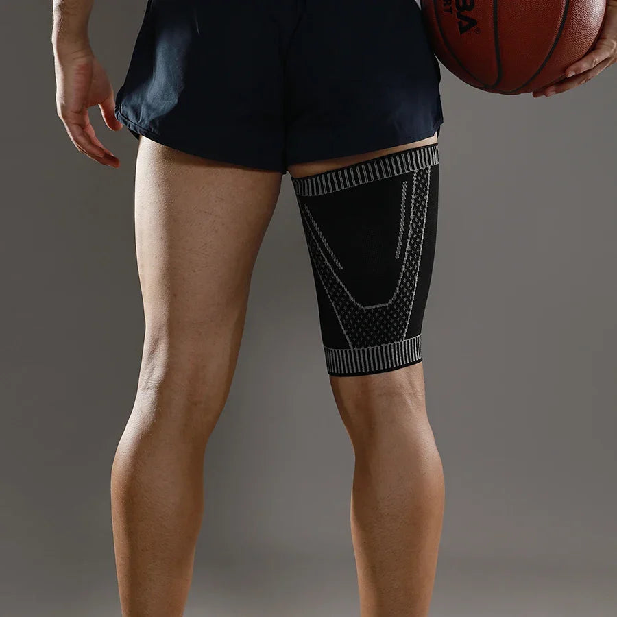 Breathable thigh compression sleeve with non-slip design for sports support