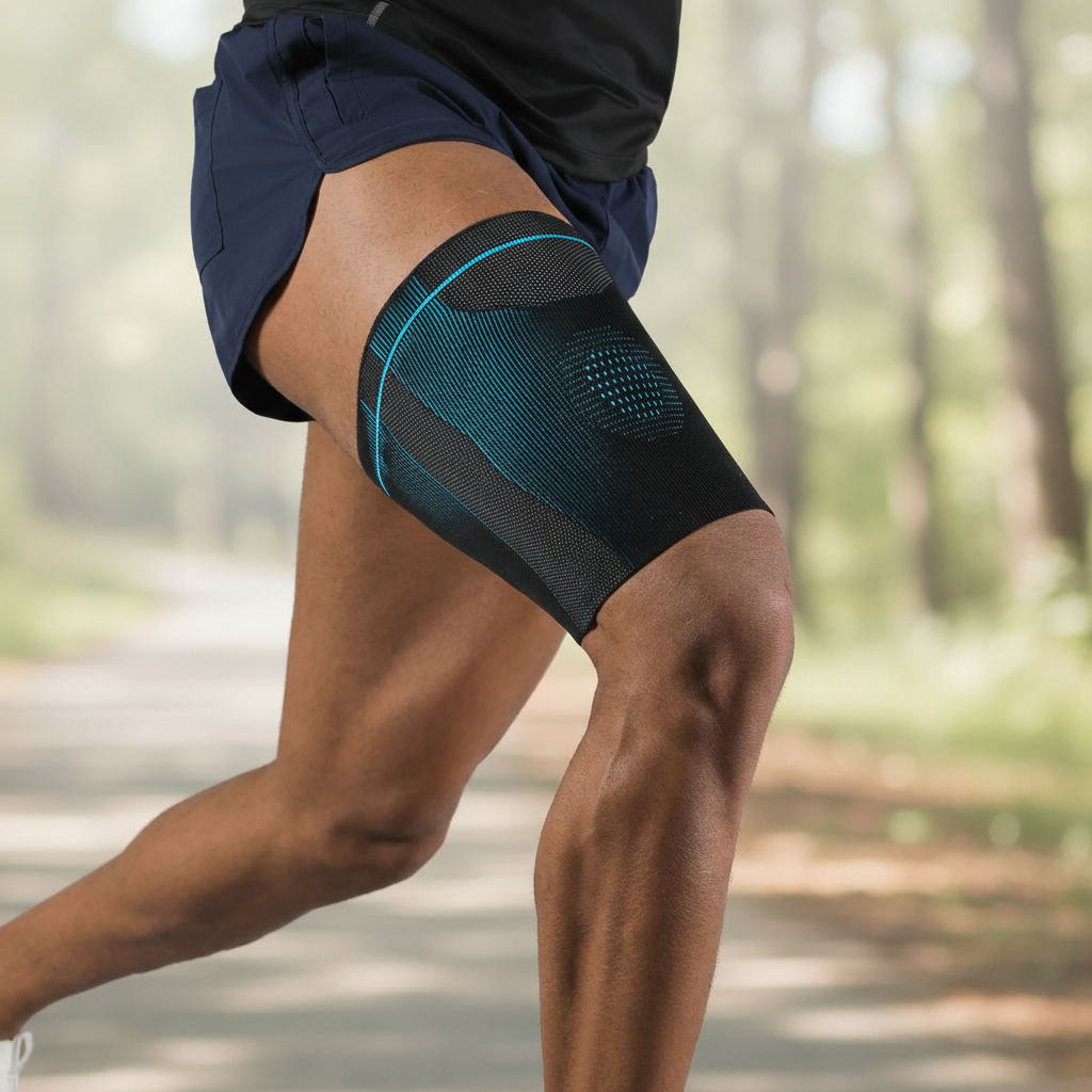 Non-slip compression thigh sleeve with breathable knit fabric for athletic support