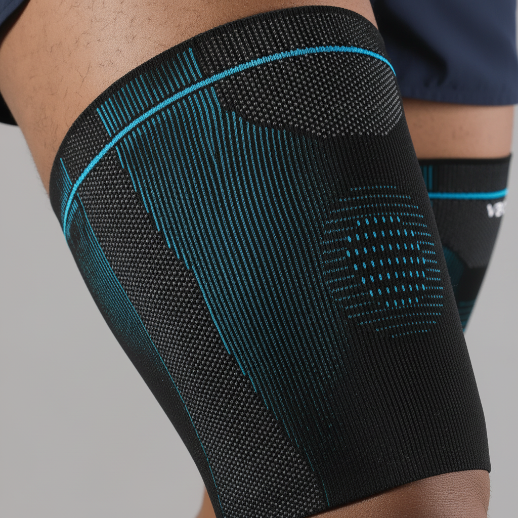 Non-slip compression thigh sleeve with breathable knit fabric for athletic support