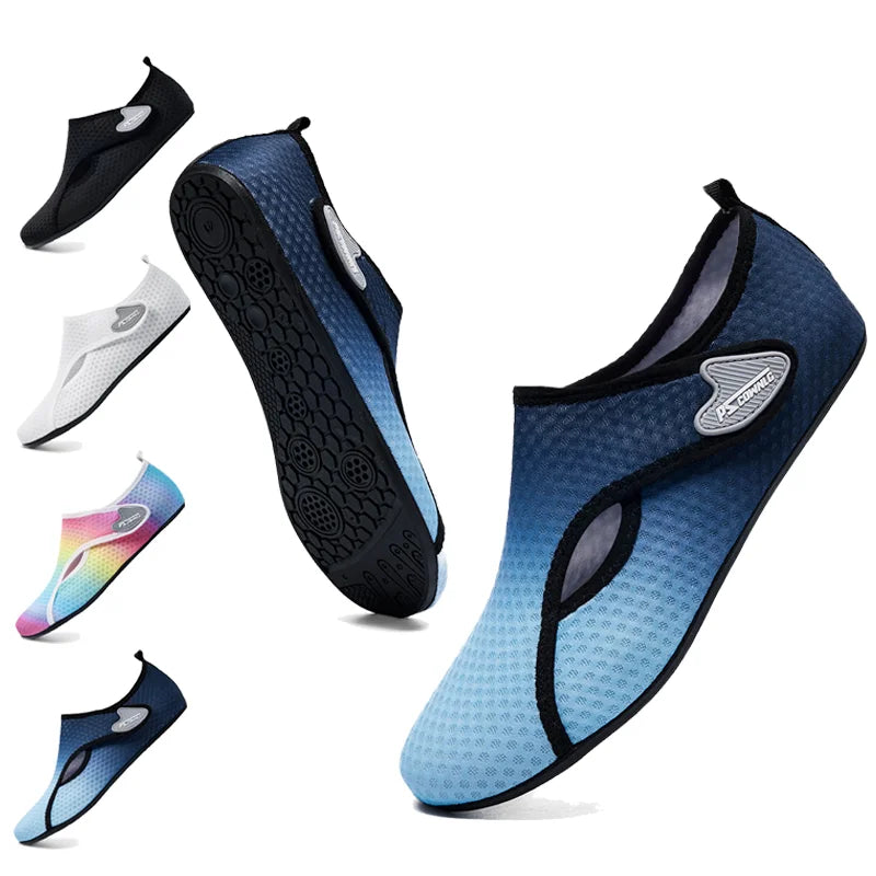 Anti-slip water shoes with sock-like fit for swimming and beach activities