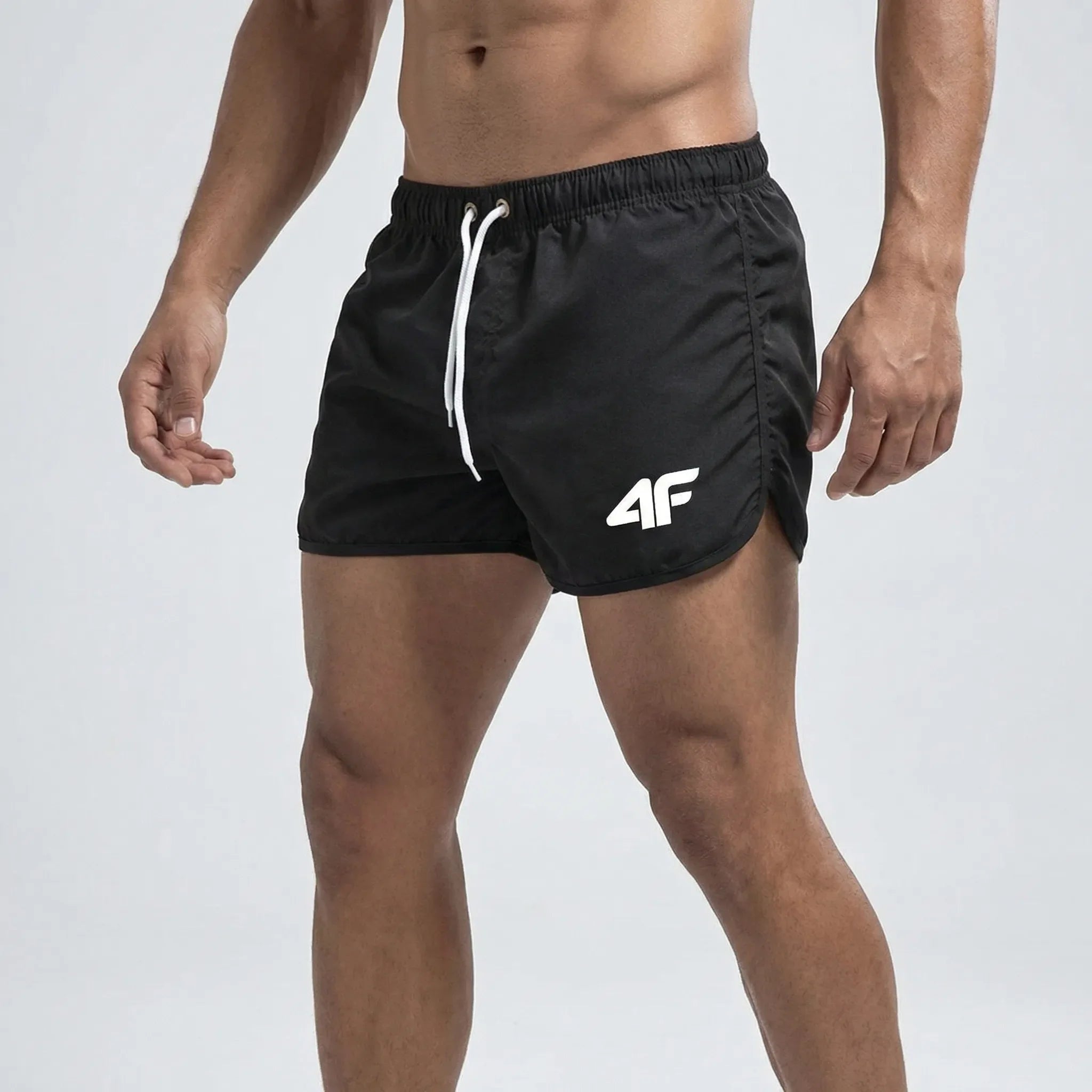 Men's short length swim trunks with quick dry fabric and side pockets