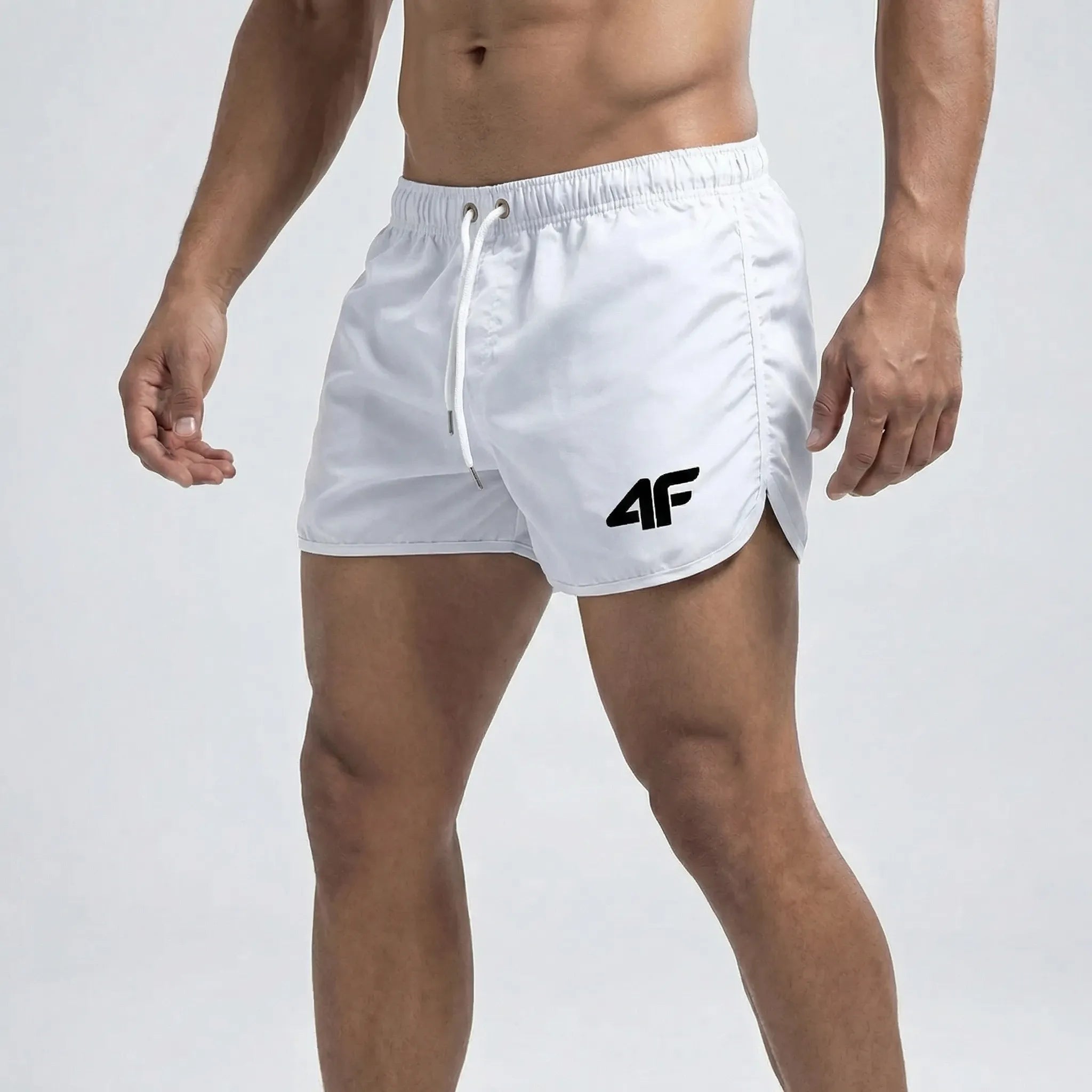Men's short length swim trunks with quick dry fabric and side pockets