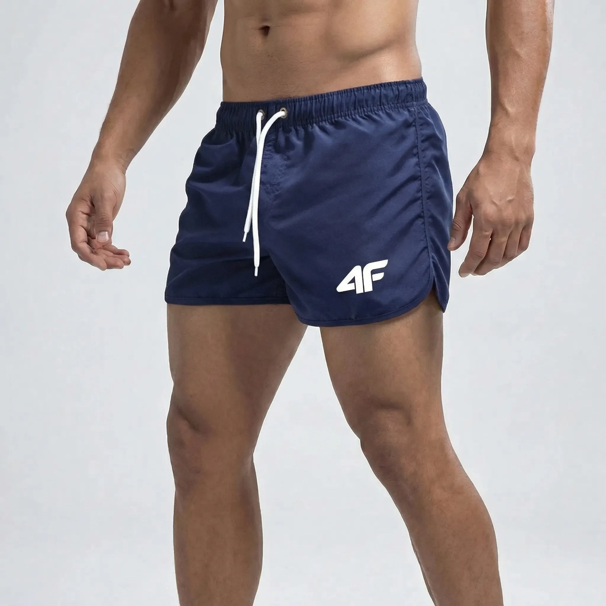 Men's short length swim trunks with quick dry fabric and side pockets
