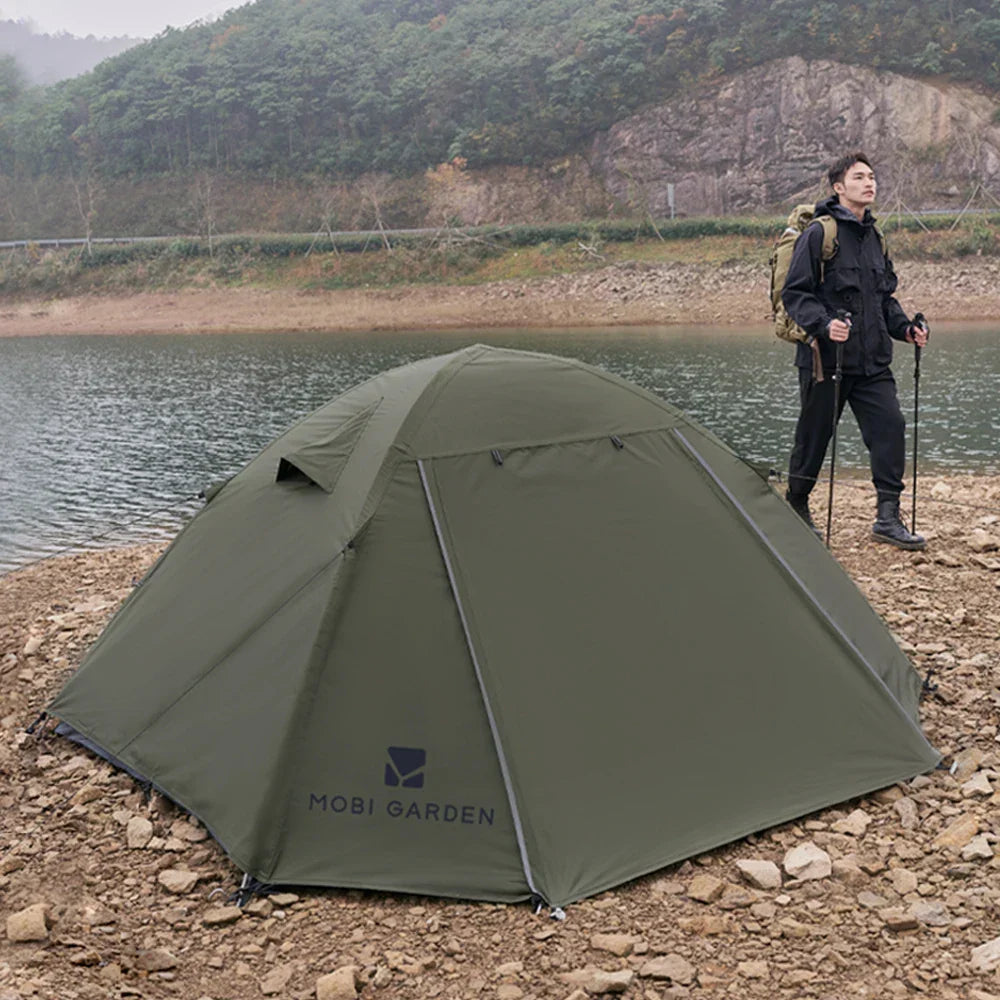 Lightweight two-person dome tent with waterproof rain fly and sun protection