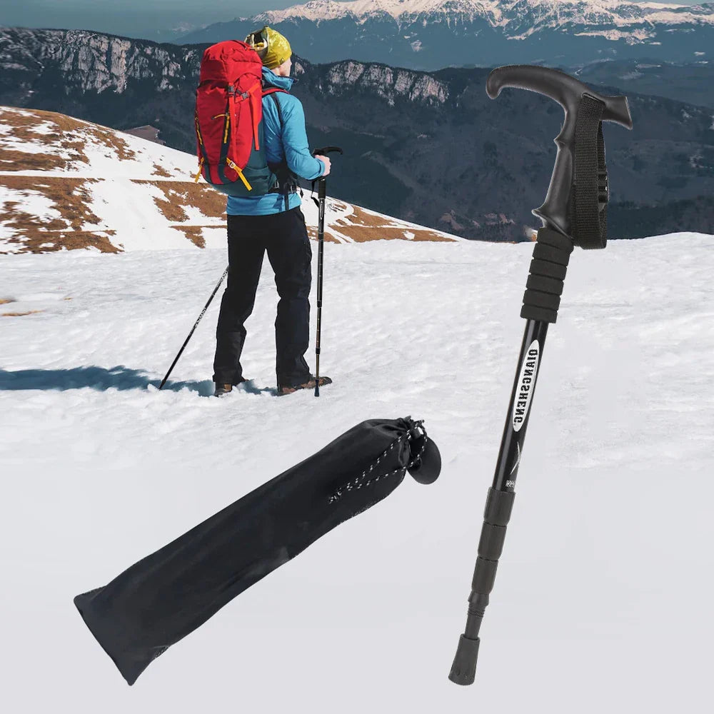 Foldable telescopic trekking pole with ergonomic T-handle and aluminum shaft