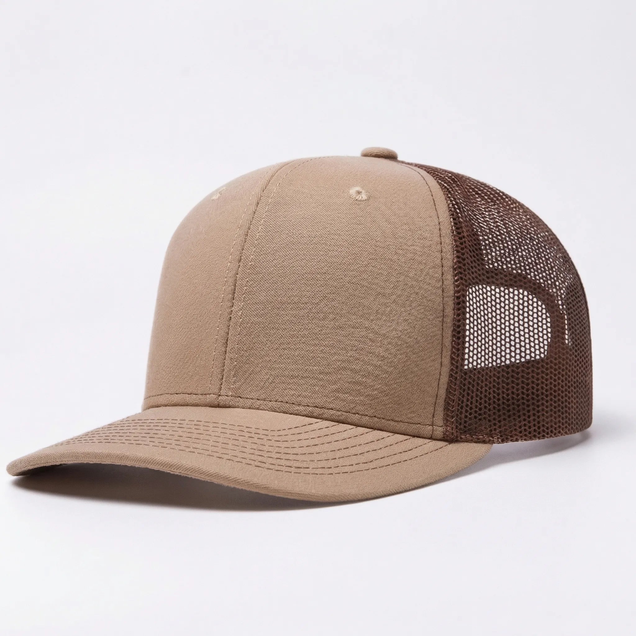 Unisex trucker cap with curved brim and breathable mesh back panel