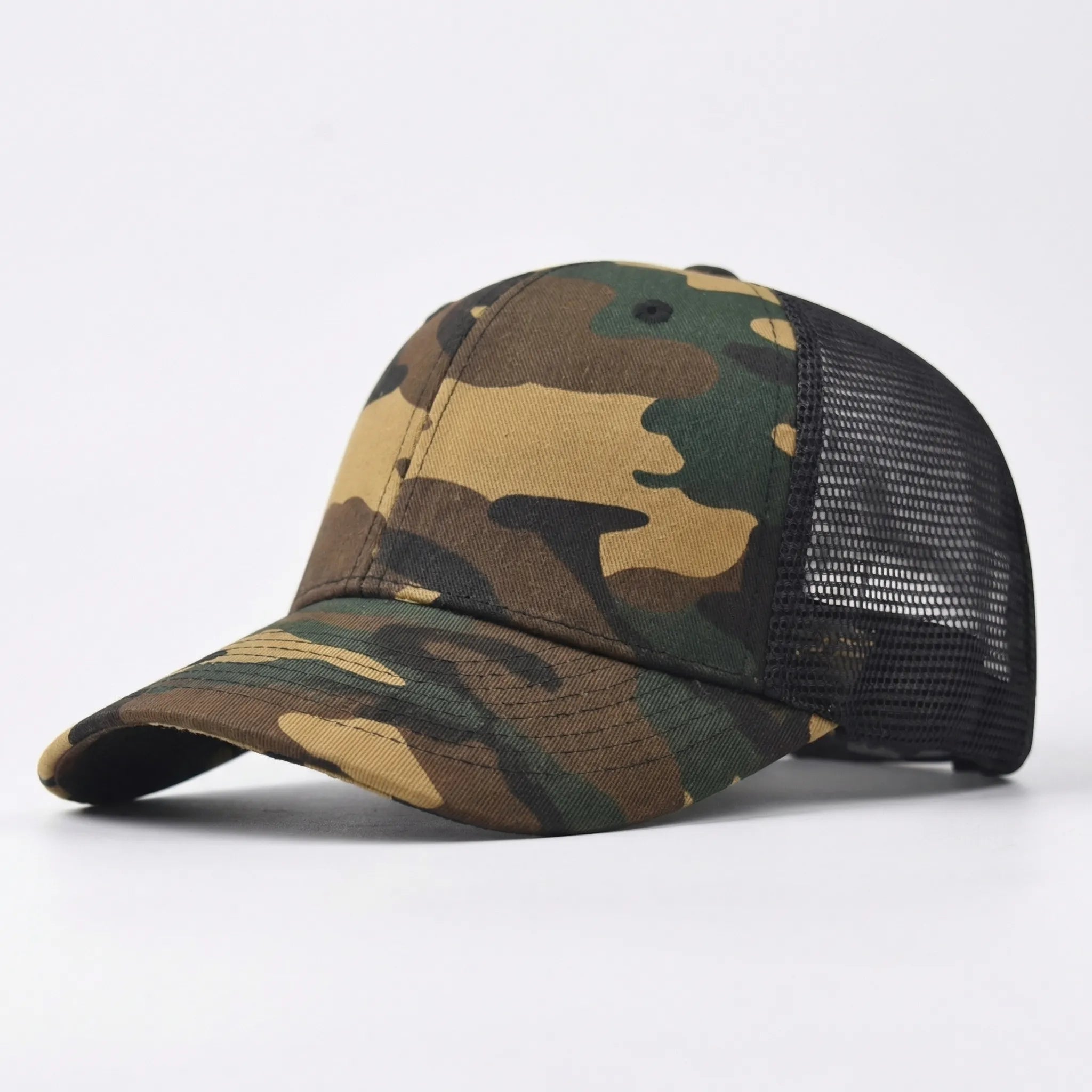 Unisex trucker cap with curved brim and breathable mesh back panel