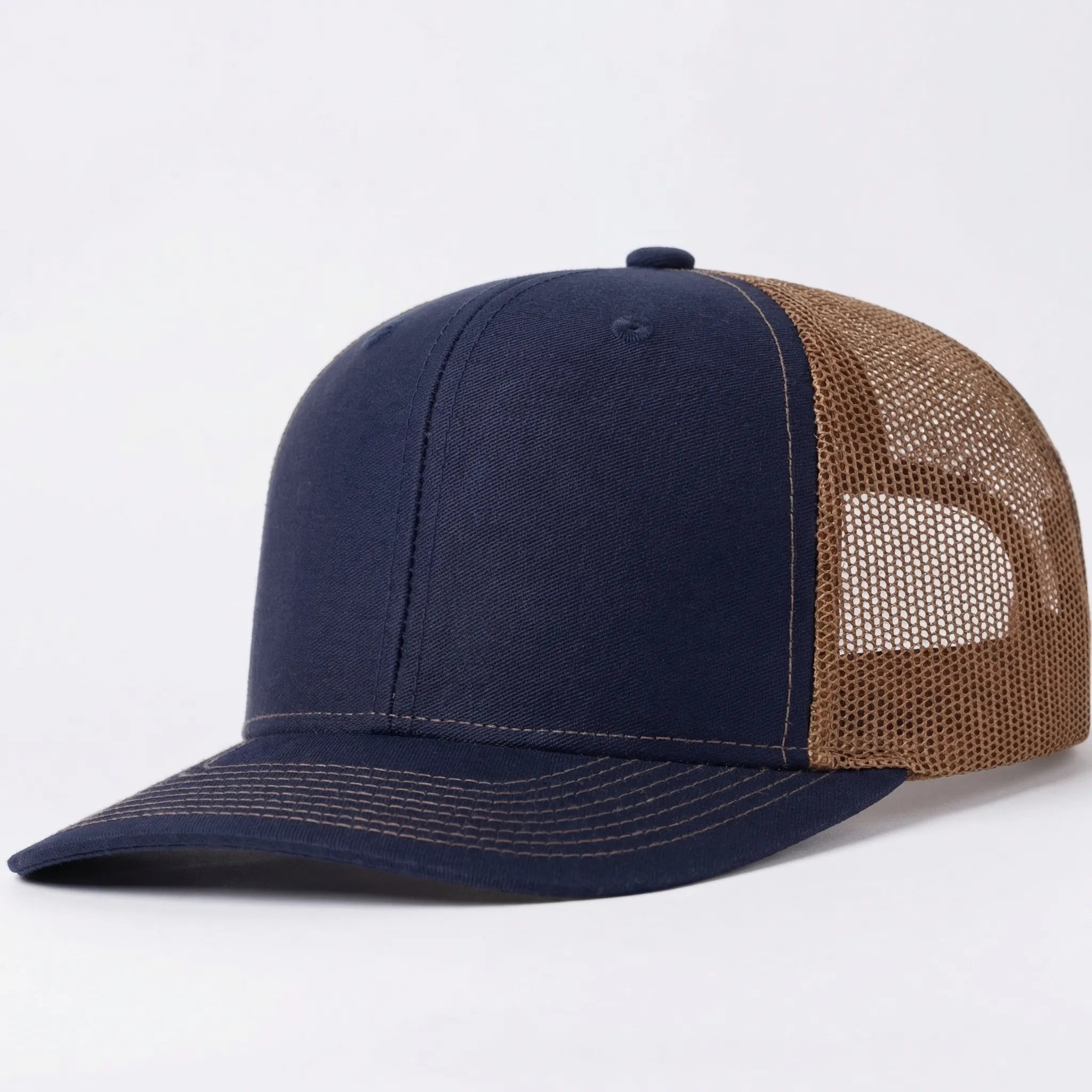Unisex trucker cap with curved brim and breathable mesh back panel