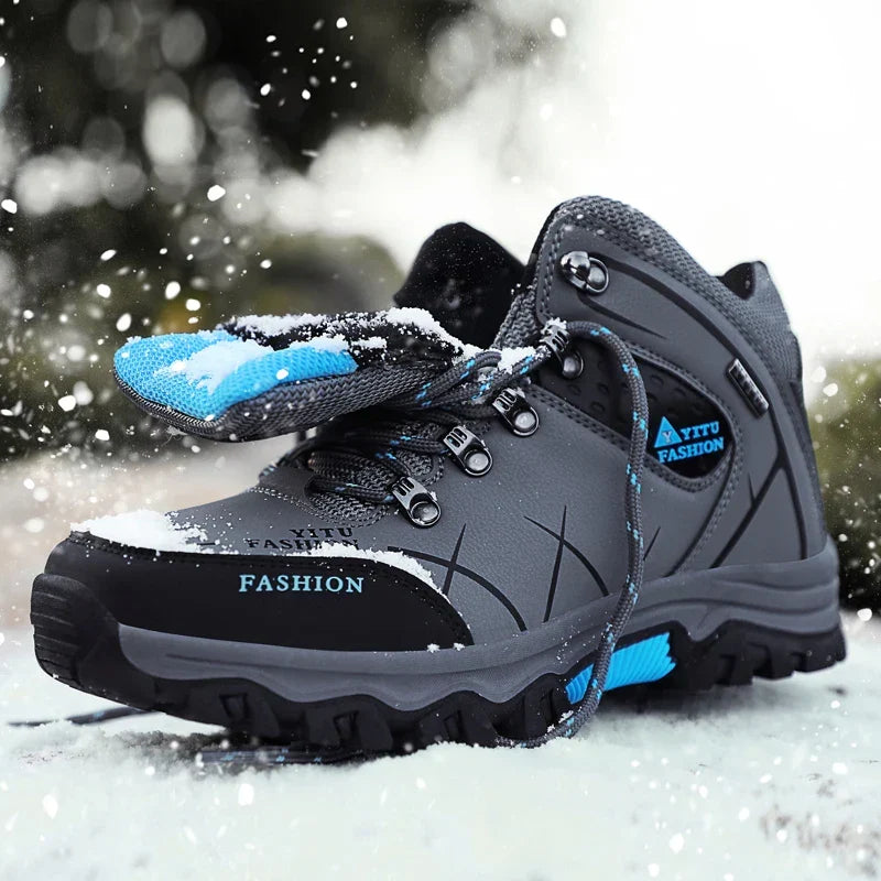 Men's waterproof winter snow boots with ankle support and warm plush lining