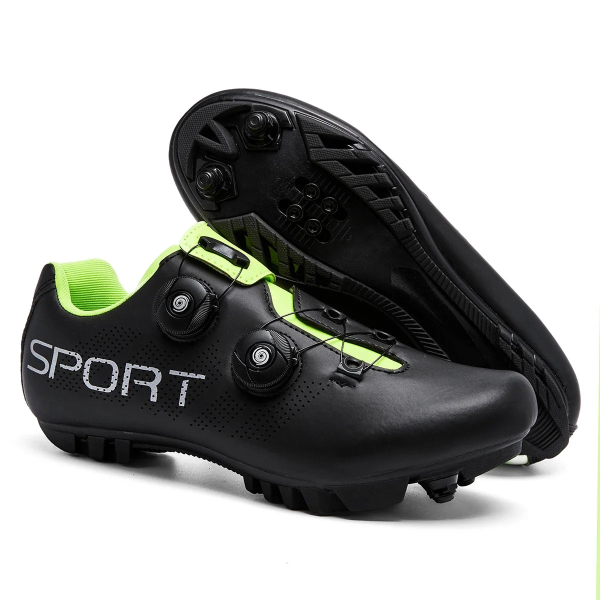 MTB cycling shoe with dual rotary dial closure and SPD cleat compatibility