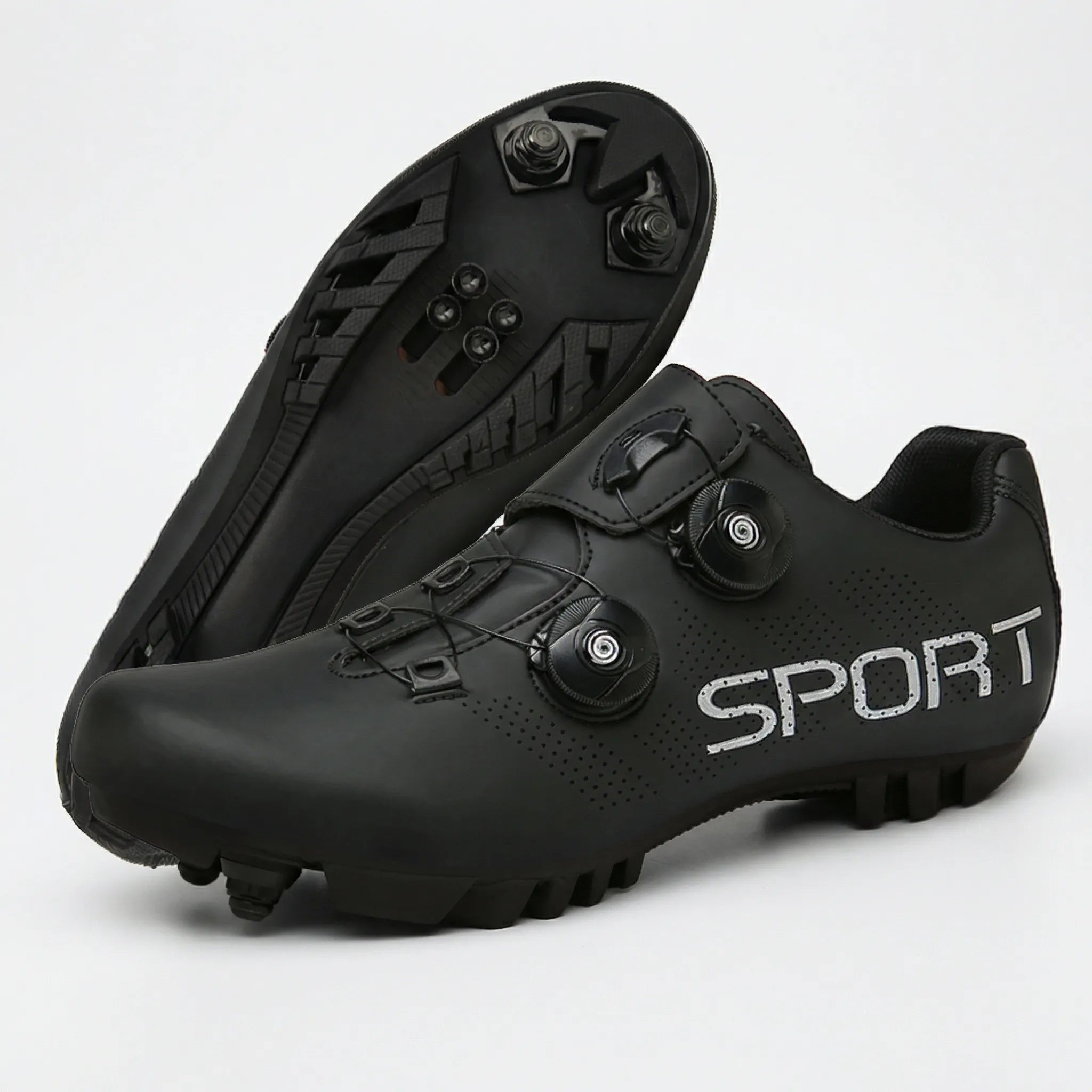 MTB cycling shoe with dual rotary dial closure and SPD cleat compatibility