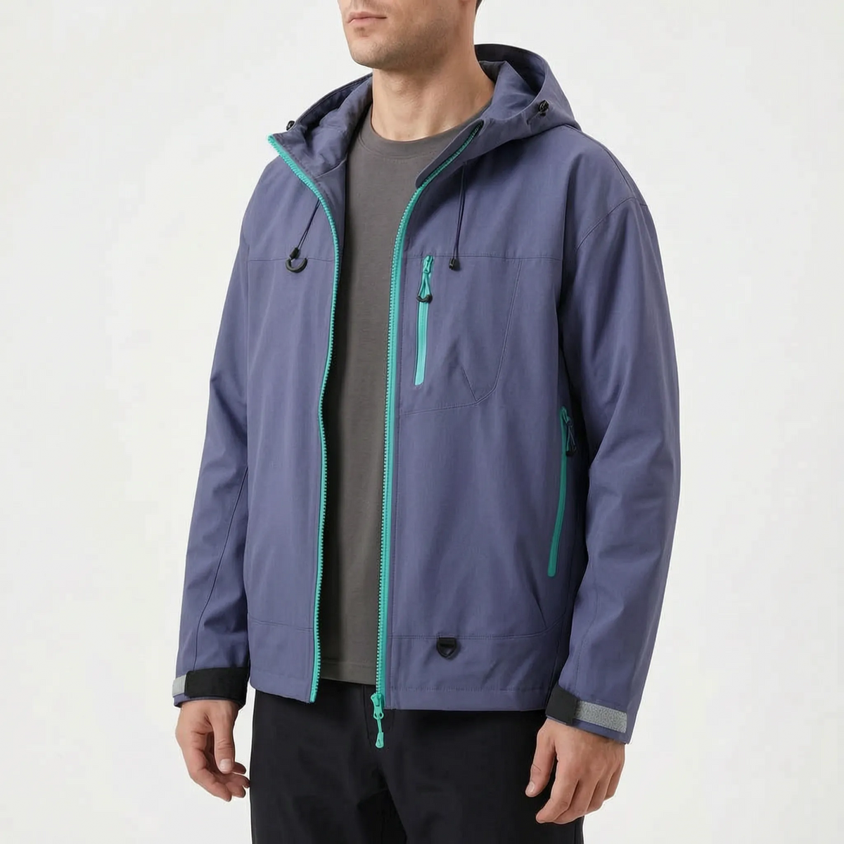 Women's waterproof hiking jacket with adjustable hood and zippered pockets