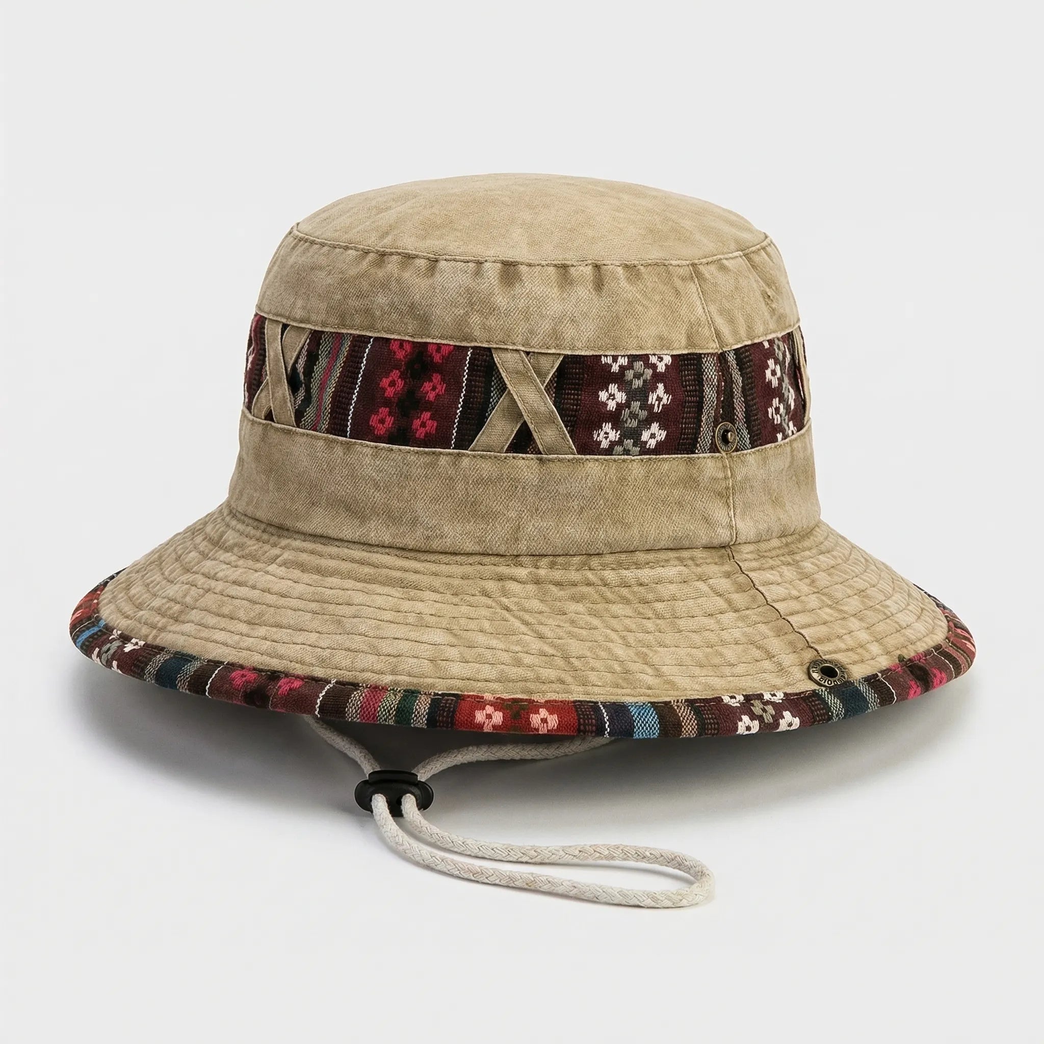 Wide-brim bucket hat with boho woven trim and adjustable chin cord