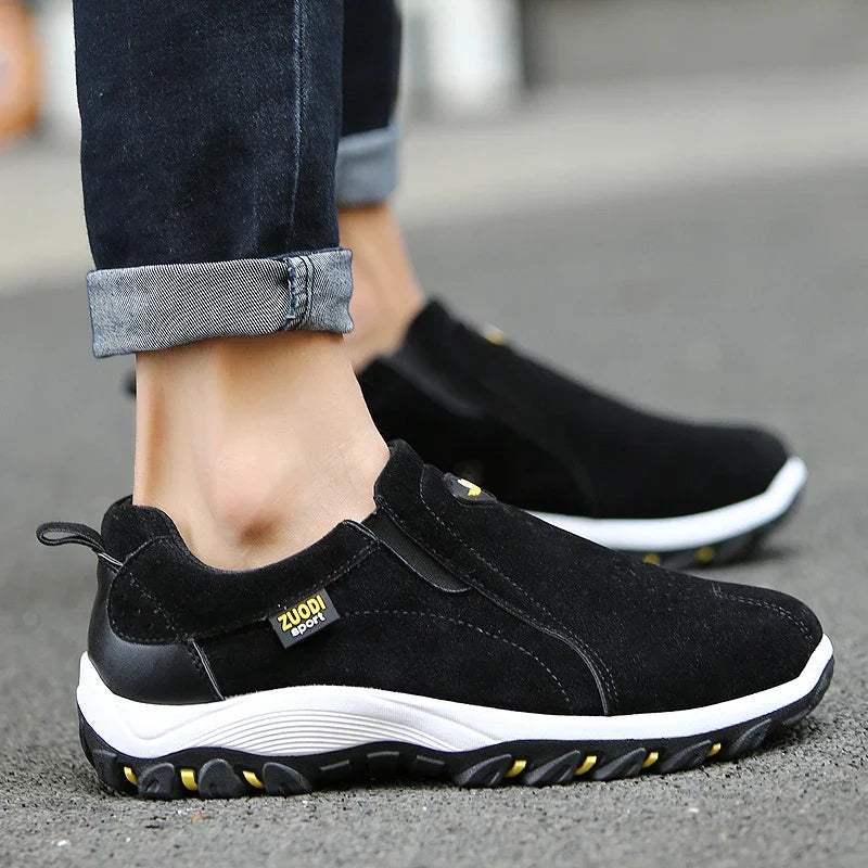 Men's slip-on walking shoe with breathable perforated upper and cushioned flat sole
