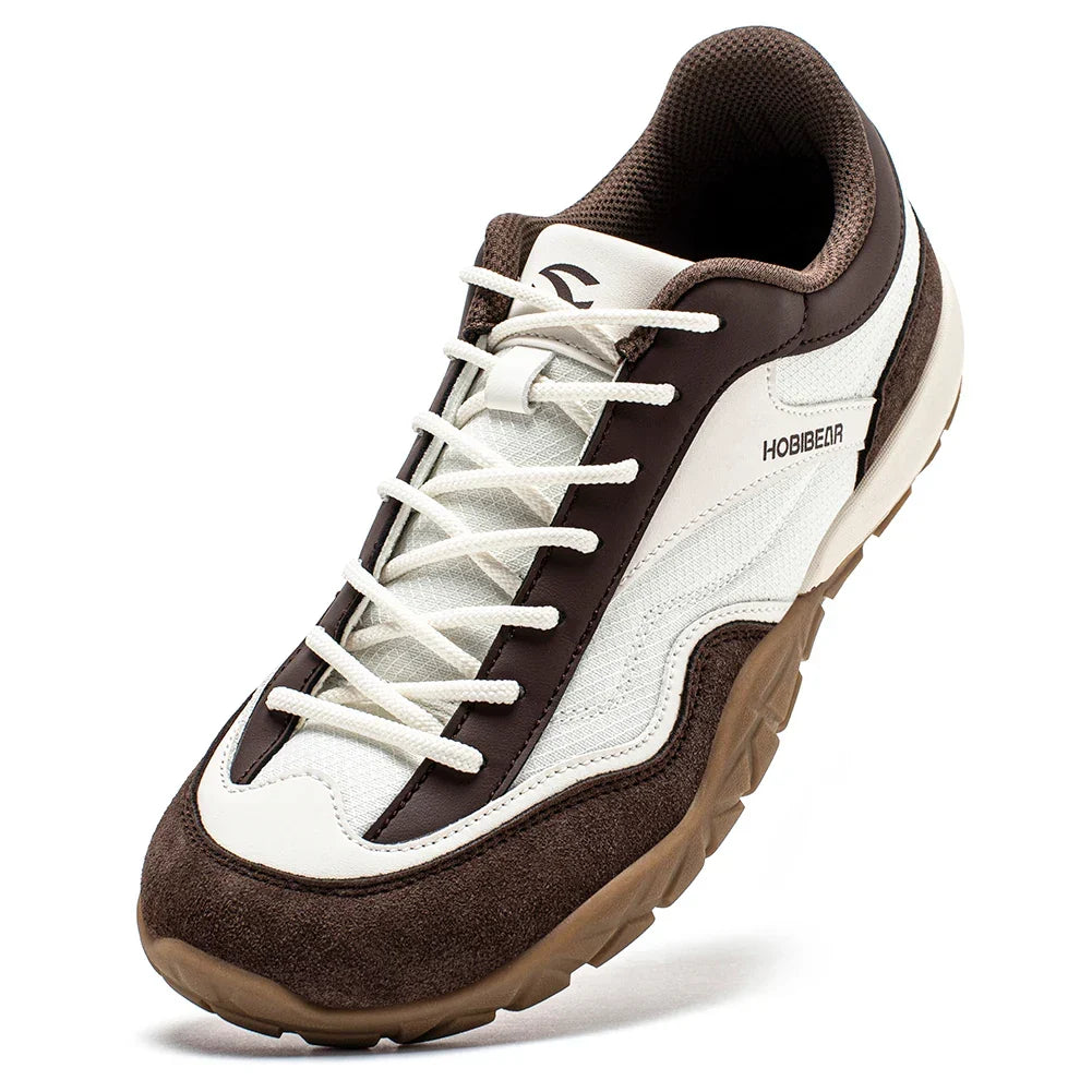 Wide-fit trail walking shoes with non-slip sole and retro styling