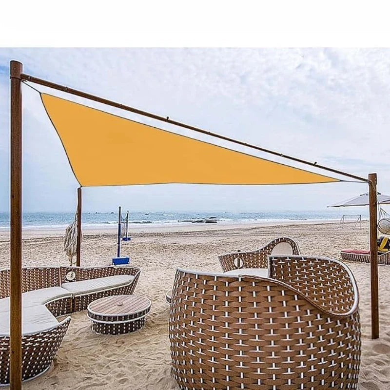 Triangular folding shade sail with reinforced corners for patio and campsite coverage