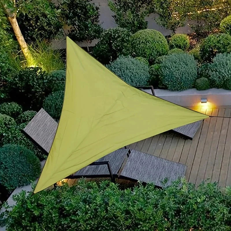 Triangular folding shade sail with reinforced corners for patio and campsite coverage