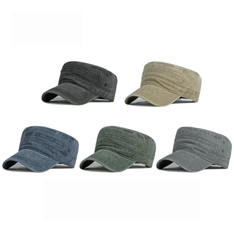 Washed flat-top military cap with short brim and generous fit